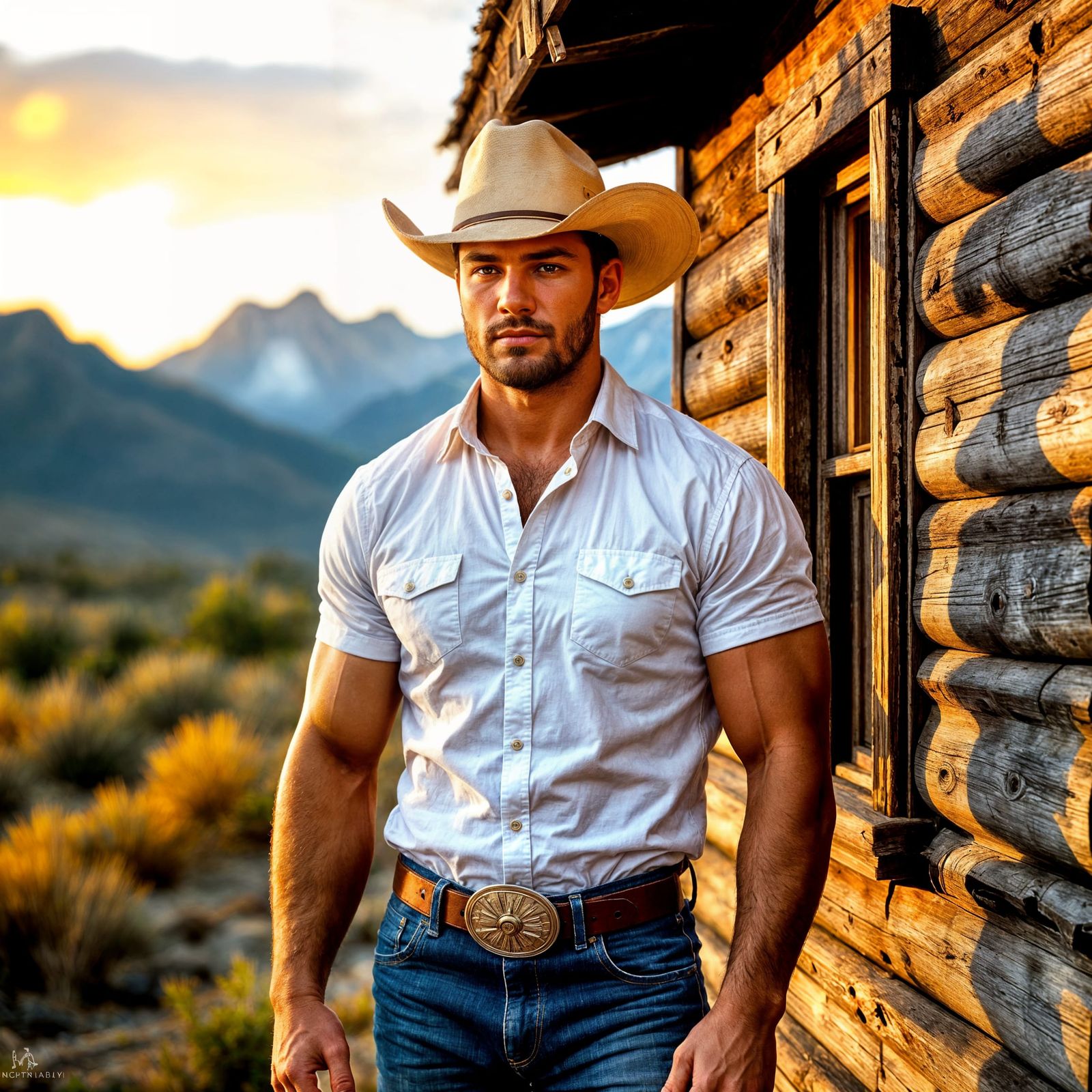 Muscular Cowboy Poses by Rustic Shack in Mountain Landscape