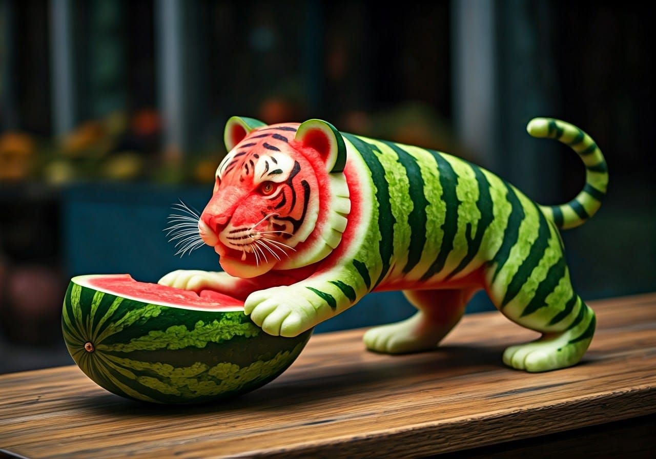 Vibrant Watermelon Tiger Food Sculpture in Tropical Market