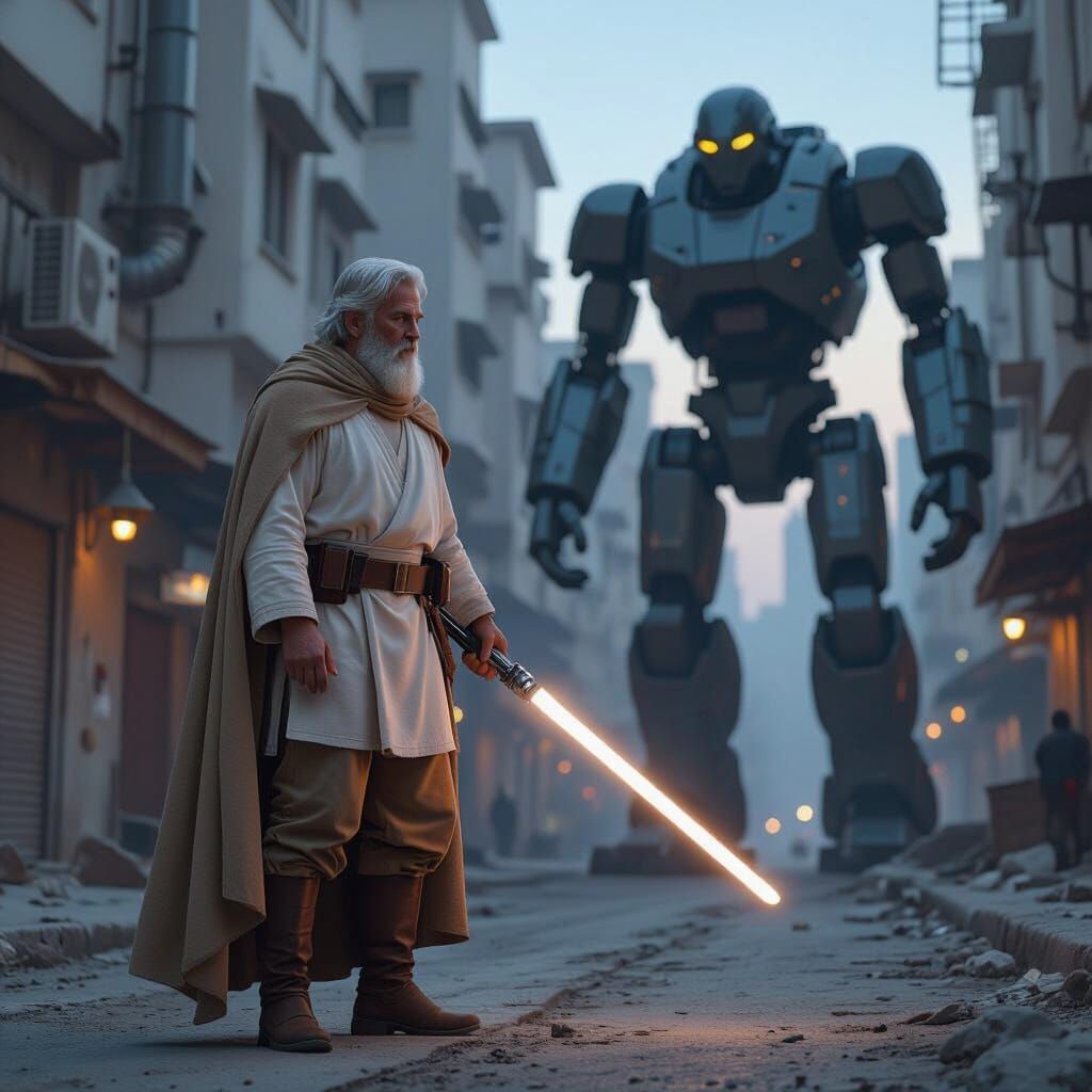 Hyper-Realistic Portrait: Man with Lightsaber Confronts Robo...