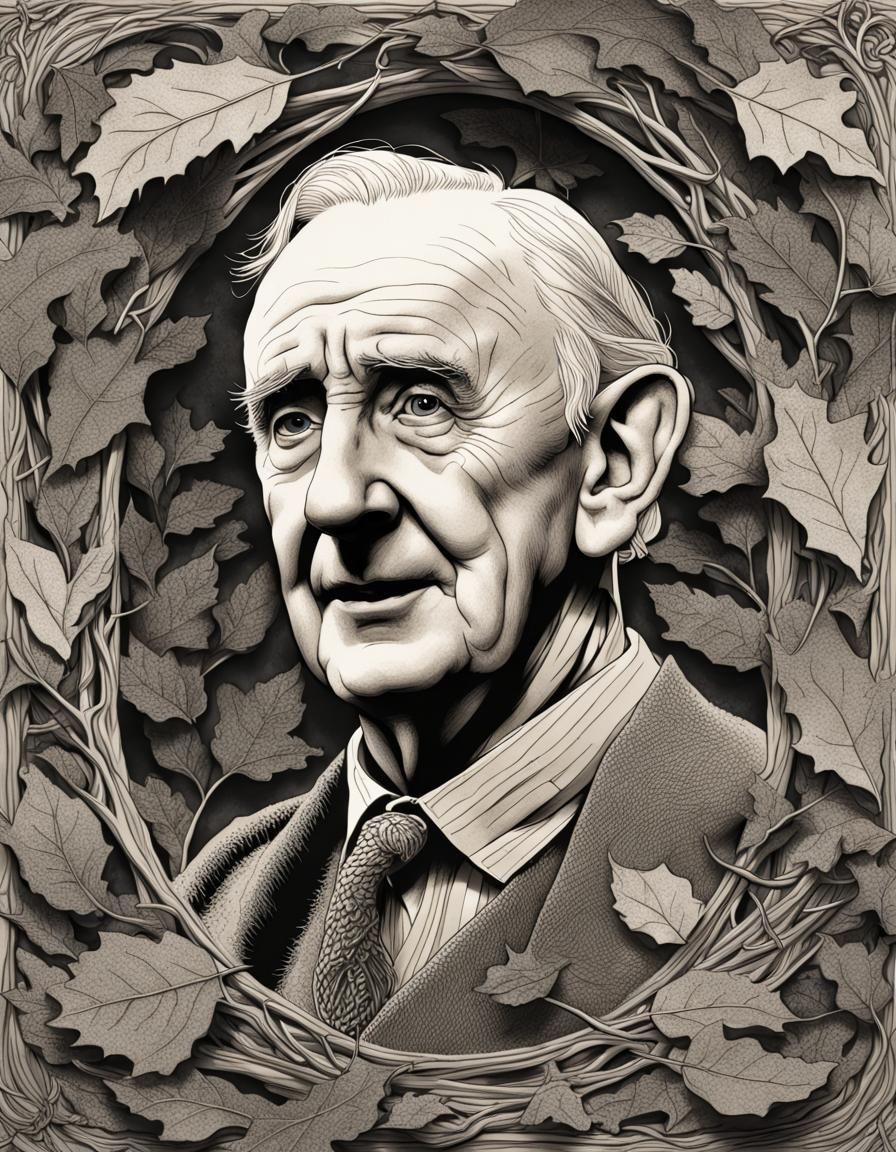 JRR Tolkien Portrait in Leaf Frame