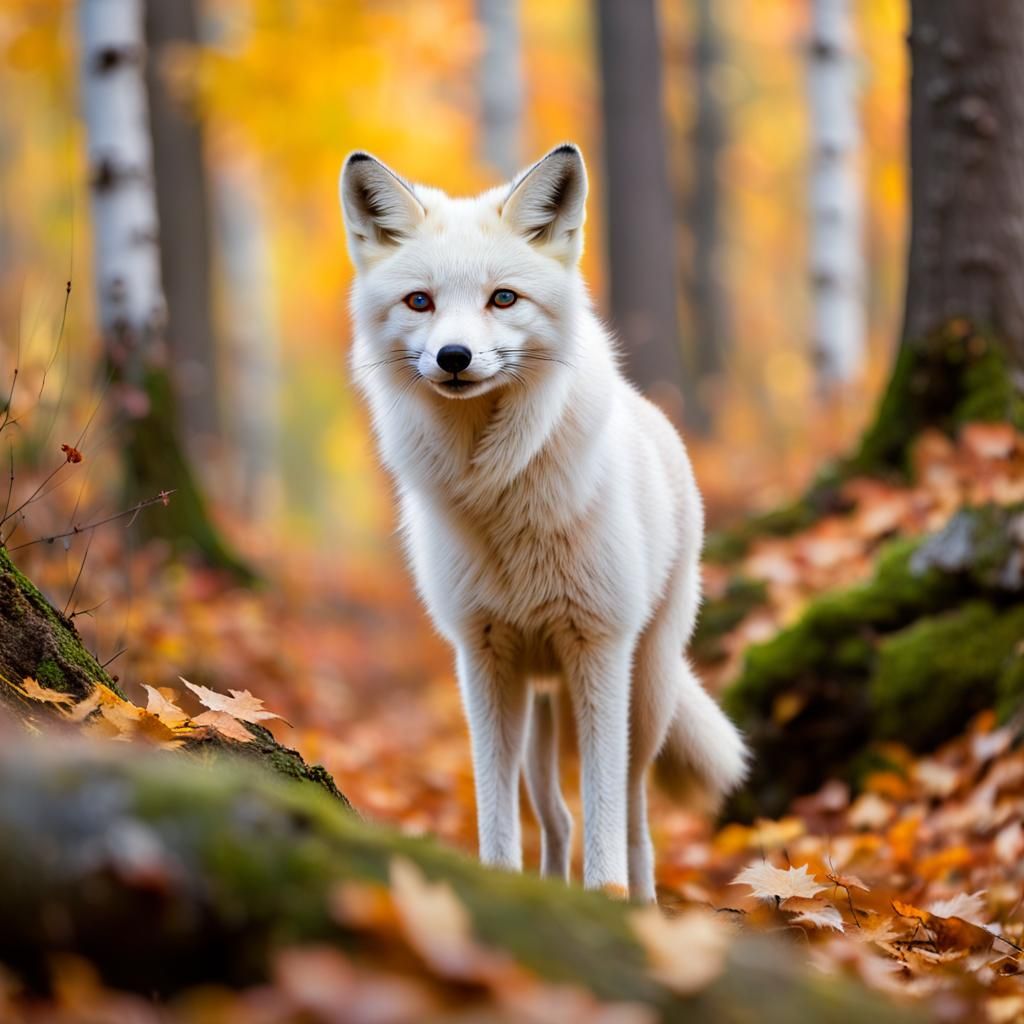 White Fox Family in Autumn Forest: Bokeh Photography