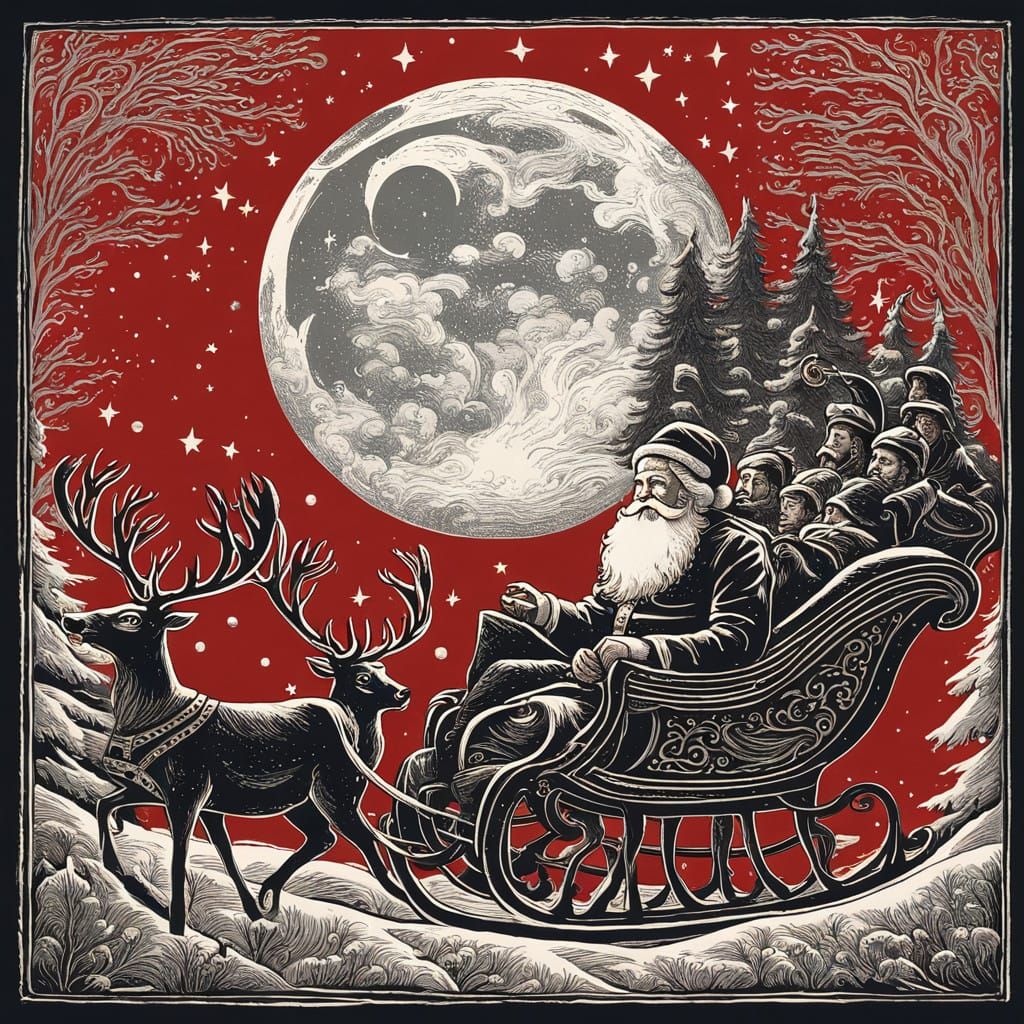 Dramatic Woodcut of Santa's Starry Night Sky Ride