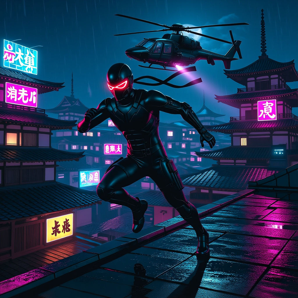 Cybernetic Ninja on Rooftops in Cyberpunk Style