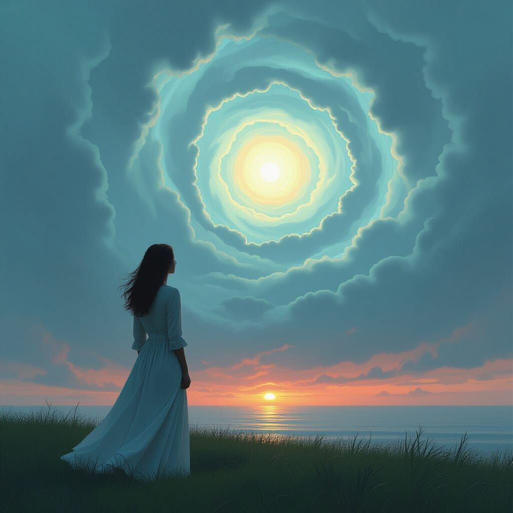 Distorted Reality: Woman Gazing at Ominous Sky