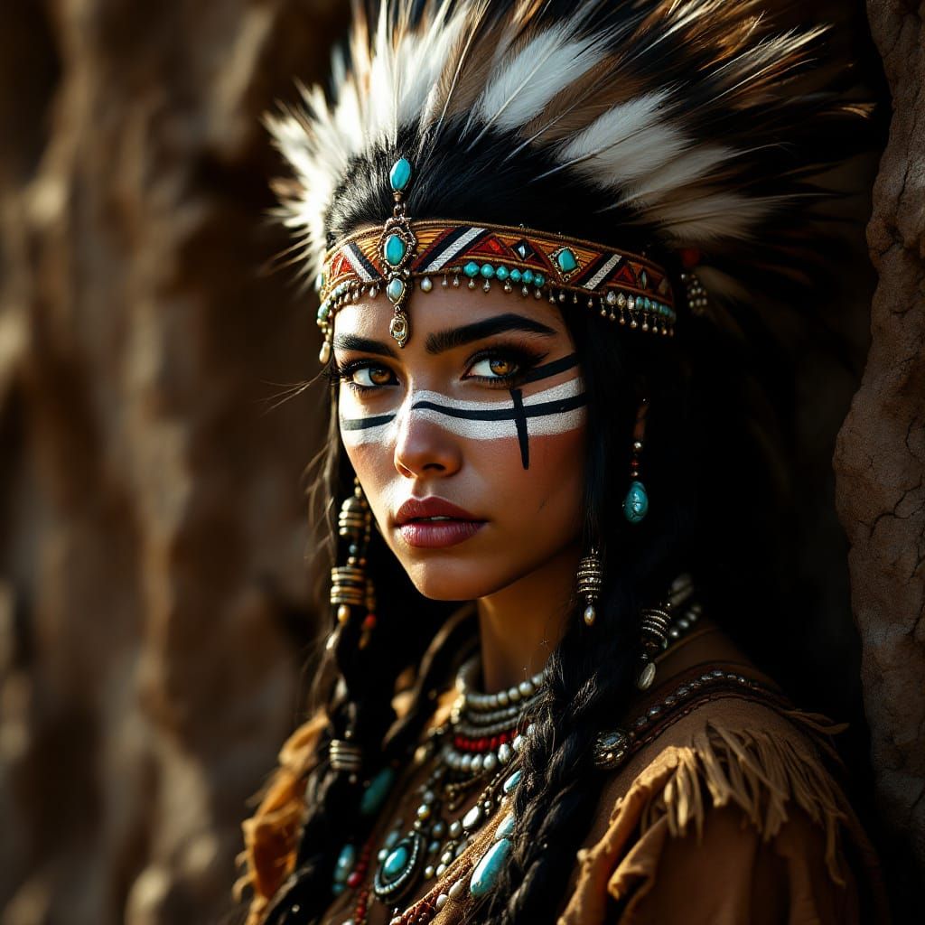 Native American Girl with Eagle Feather Headpiece