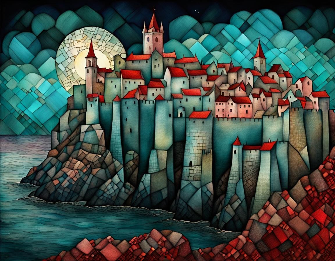 Mystical Cityscape Illustration in Dreamlike Surrealism