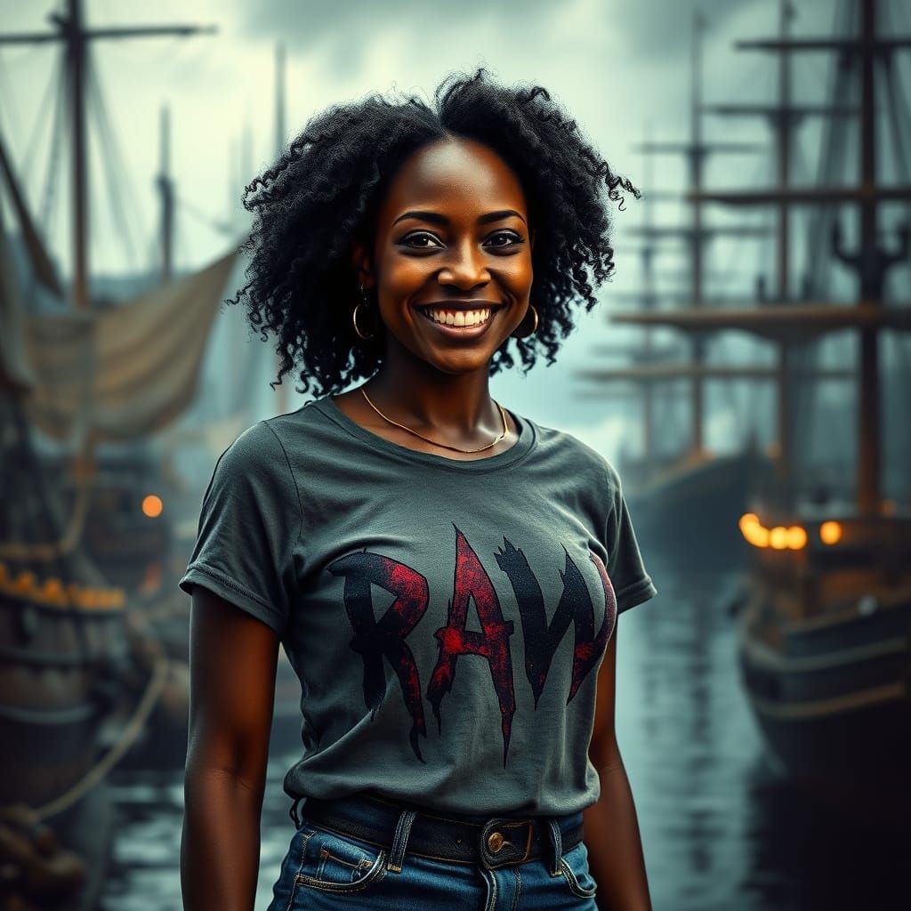 Mystical Port Scene with Woman in Gothic T-Shirt