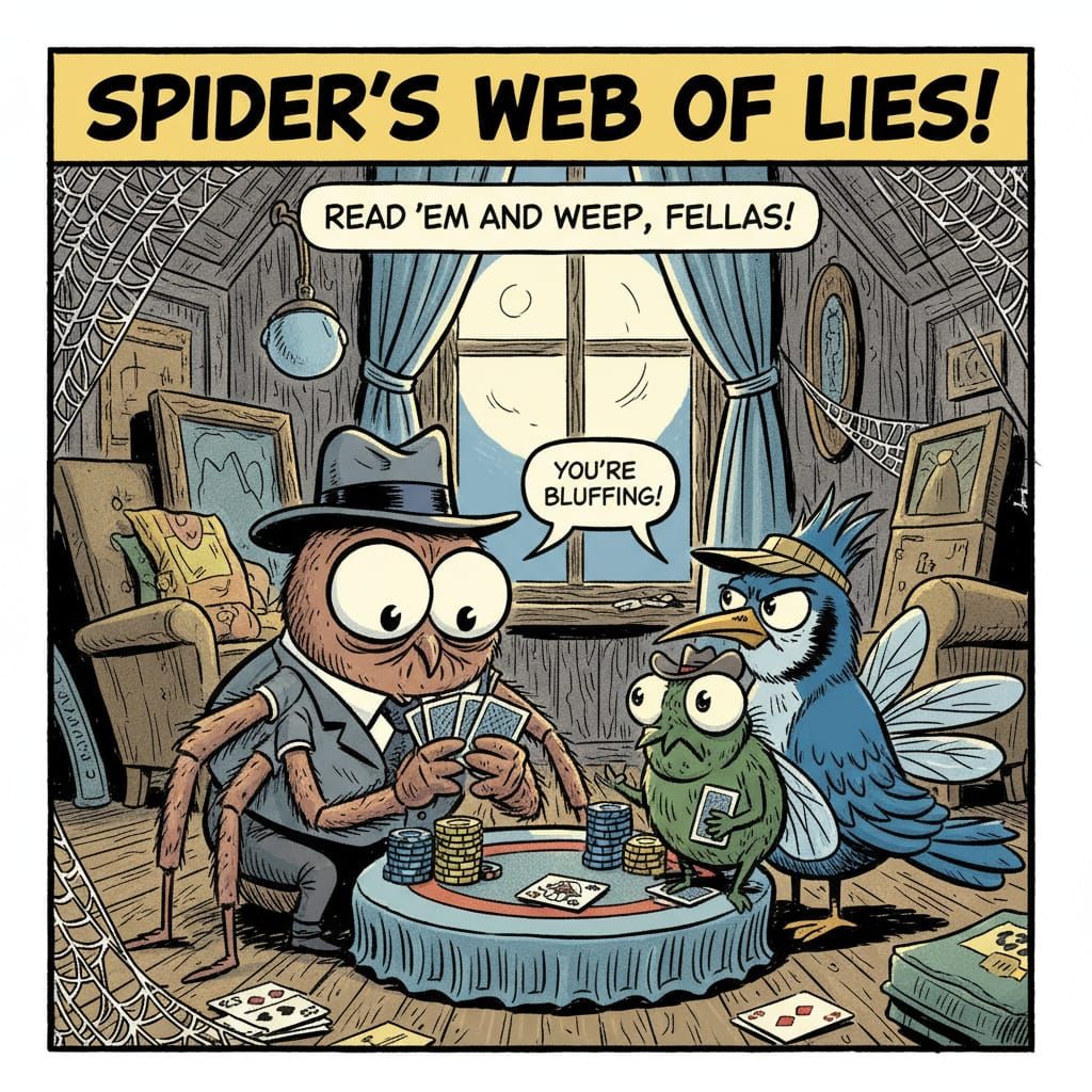 Spider Plays Poker in Goofy Comic Illustration