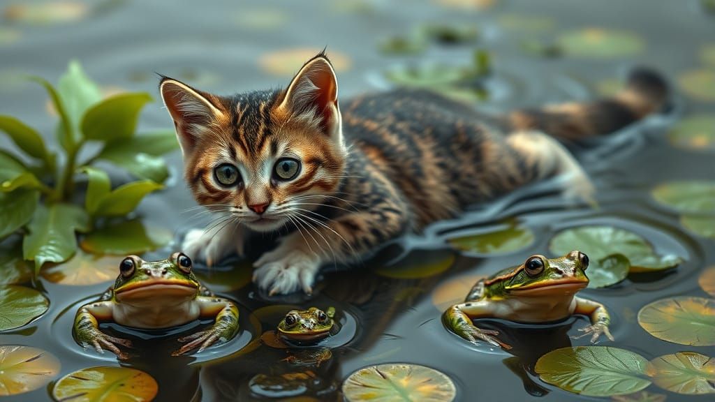 Whimsical Cat Slide with Frogs