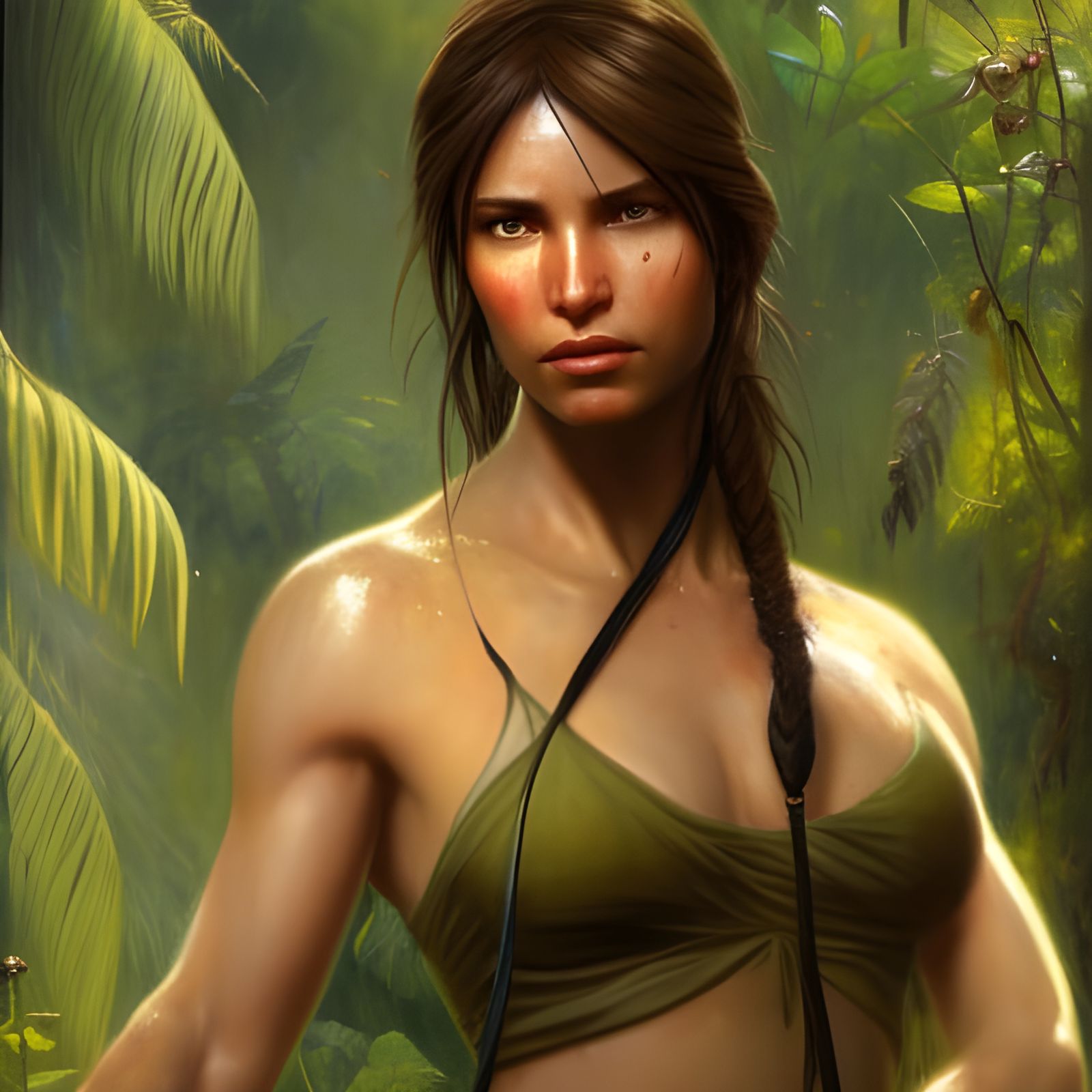 Lara Croft in a Lush Jungle, Detailed Portrait
