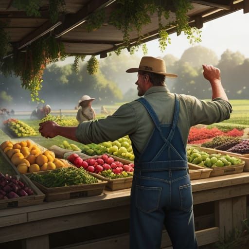 Hyperrealistic Farmer at Vibrant Produce Stand