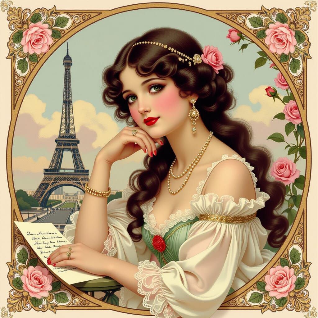 Vintage Parisian Dream: Girl in Creamy Lace & Roses