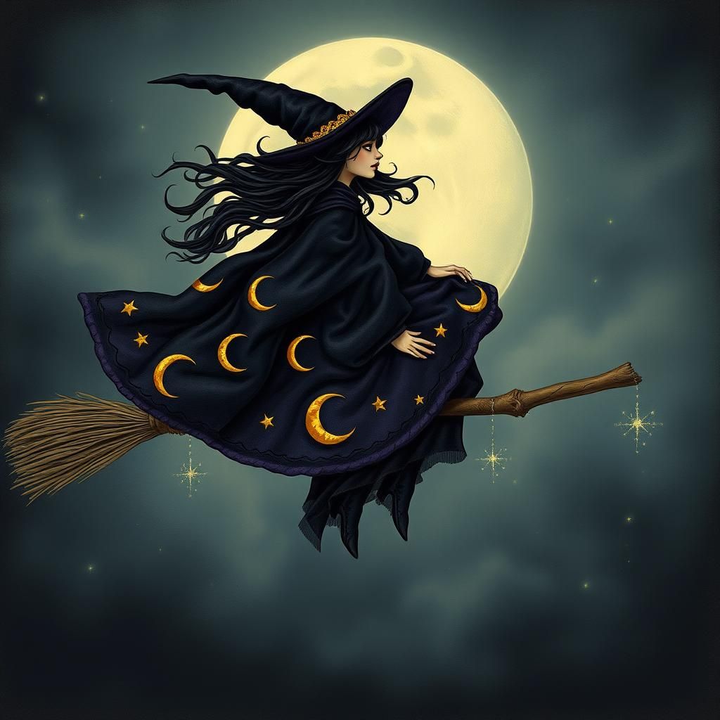 Witch Flying on Broomstick in Mystical Night Sky