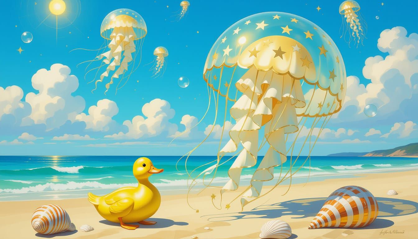 Golden Jellyfish Beach Scene in Art Nouveau Style