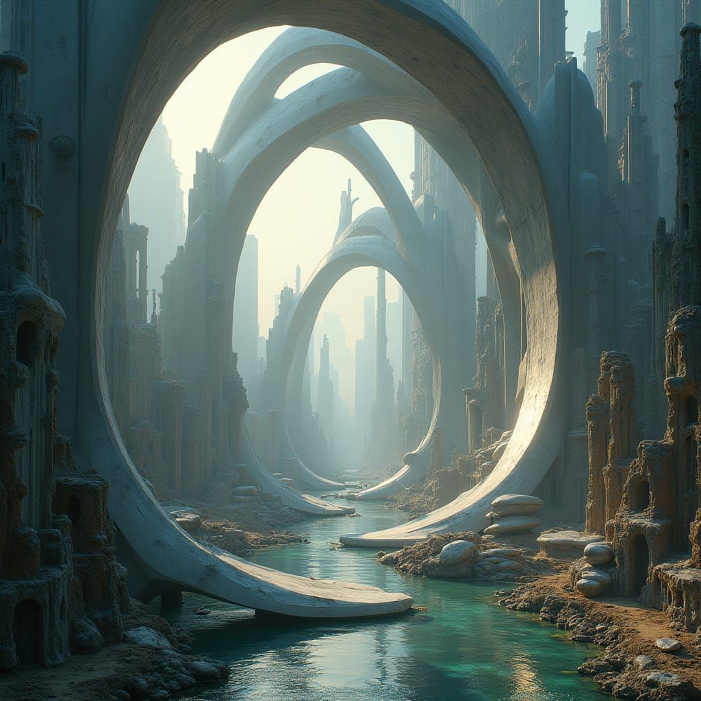 Dreamlike Cityscape with Impossible Geometry