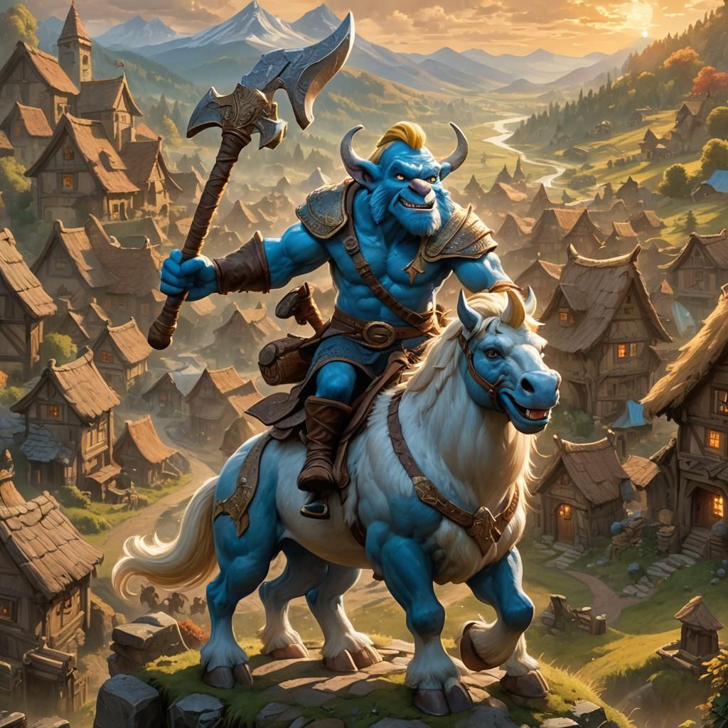 Smurf Centaur Hero Defends Village in Fantasy Art