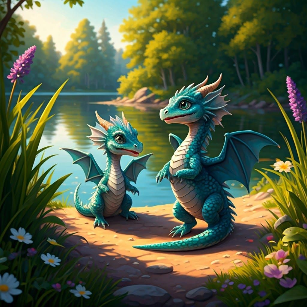 Iridescent Dragons Frolic on Sunlit Lake Shore