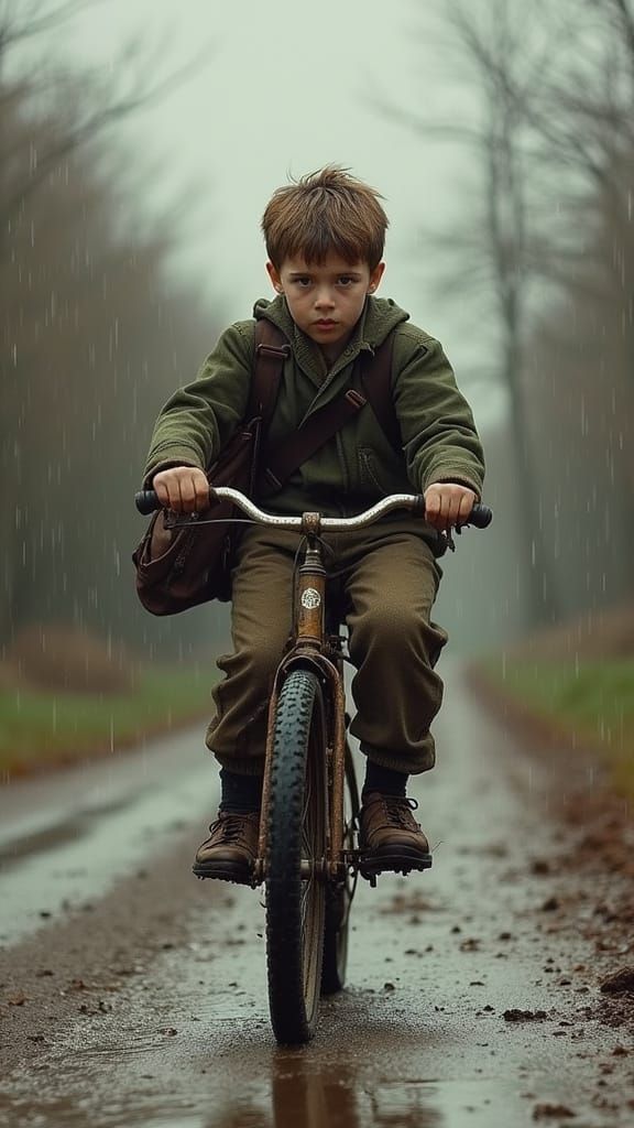 Young Boy Rides Rusty Bicycle Through Rainy Village