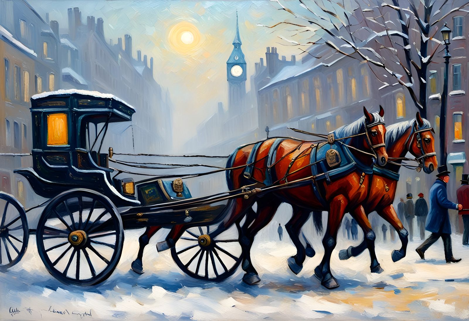 Misty London Street Scene in Neo-Impressionist Style