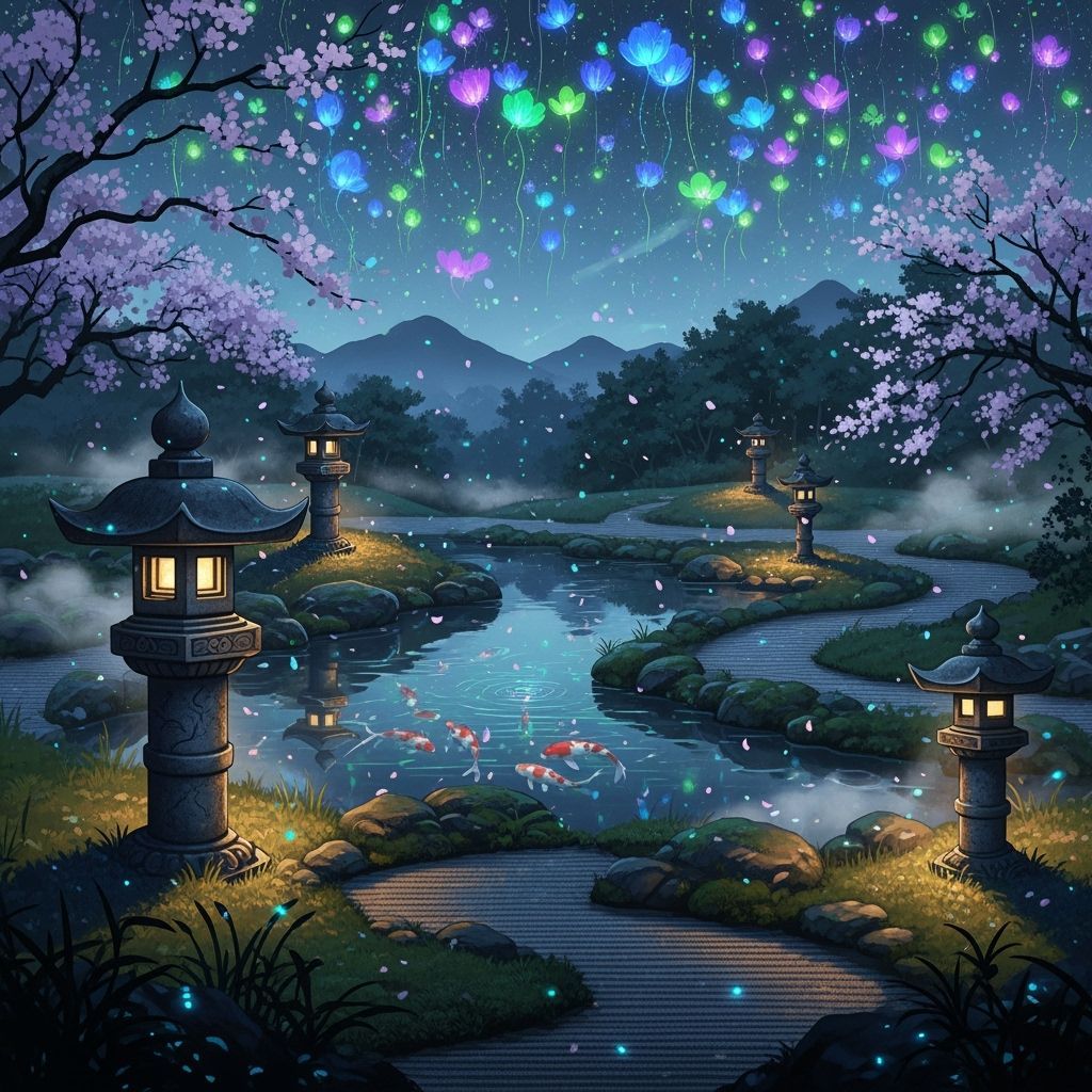 Bioluminescent Japanese Garden at Twilight