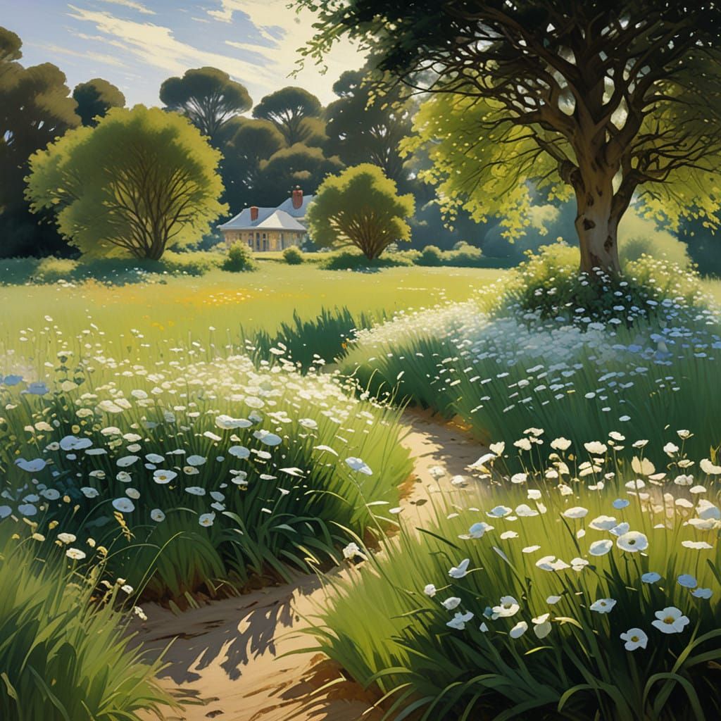 Idyllic Countryside Bloom in Watercolor Style