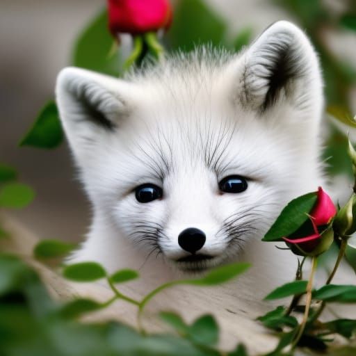 Arctic Fox Cub in Rose: A Surreal Scene