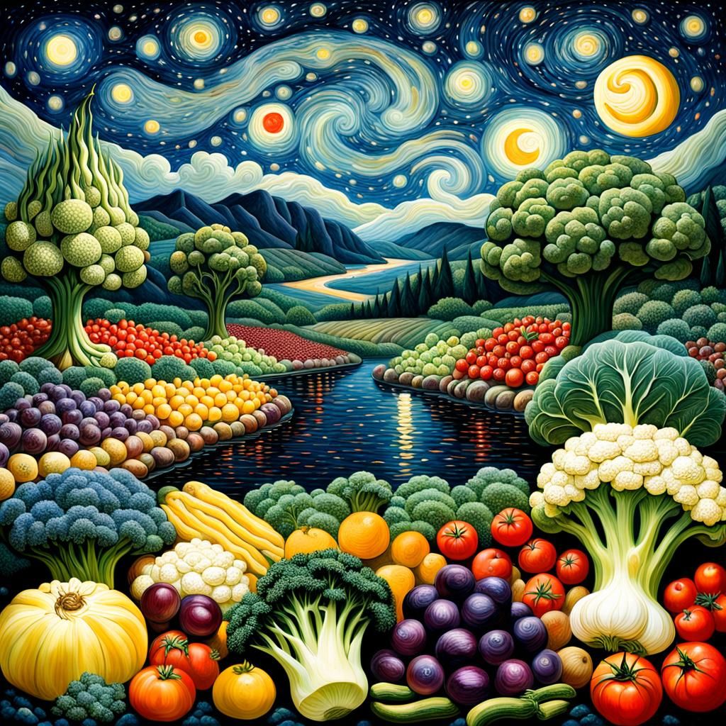 Luminous Starry Night Over Fruit and Vegetable Land