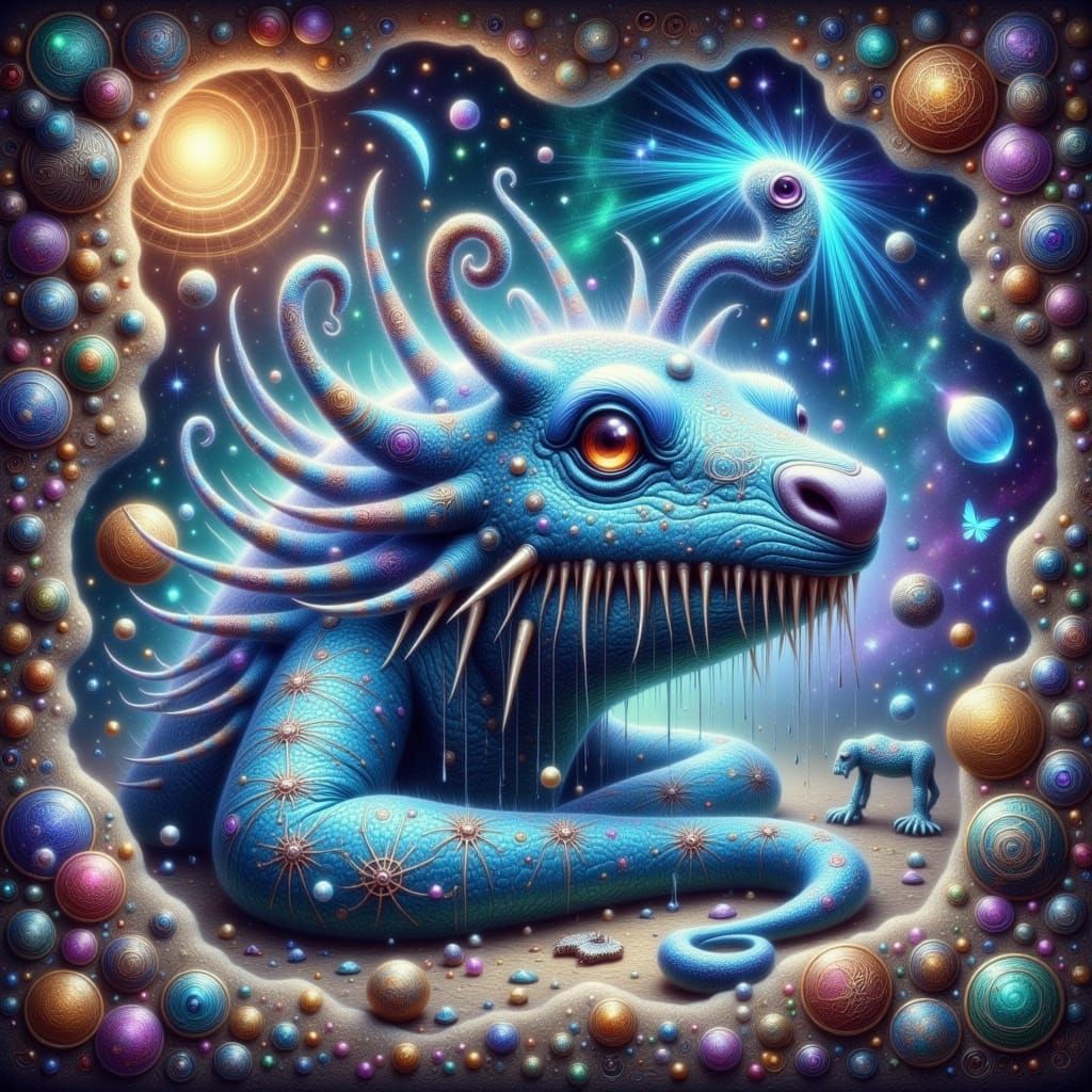 Blue Worm in Zodiac Patterns on a Stone Wall in Mystical Sty...