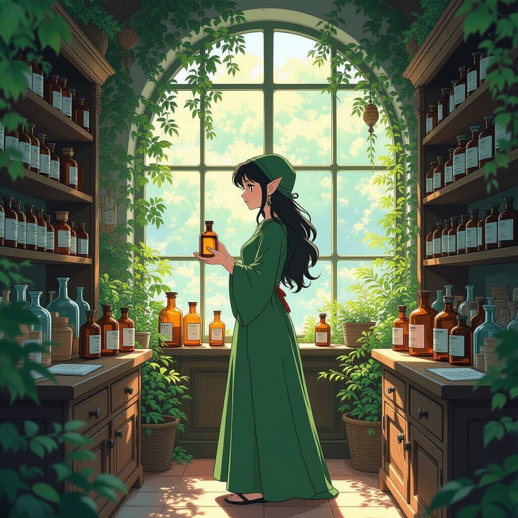 Elf in Ancient Apothecary Shop, Ghibli-Inspired