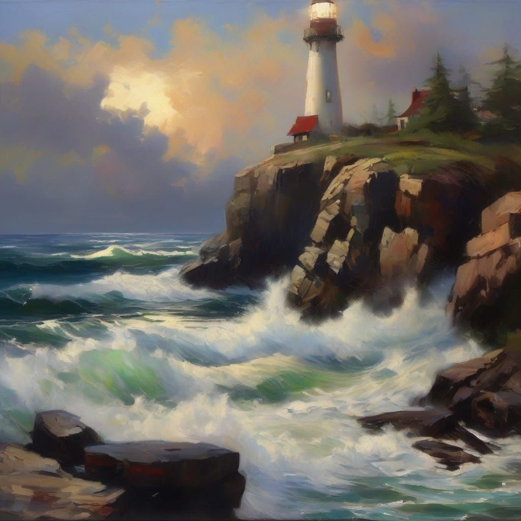 Dramatic Coastal Lighthouse Painting in Ashcan Style