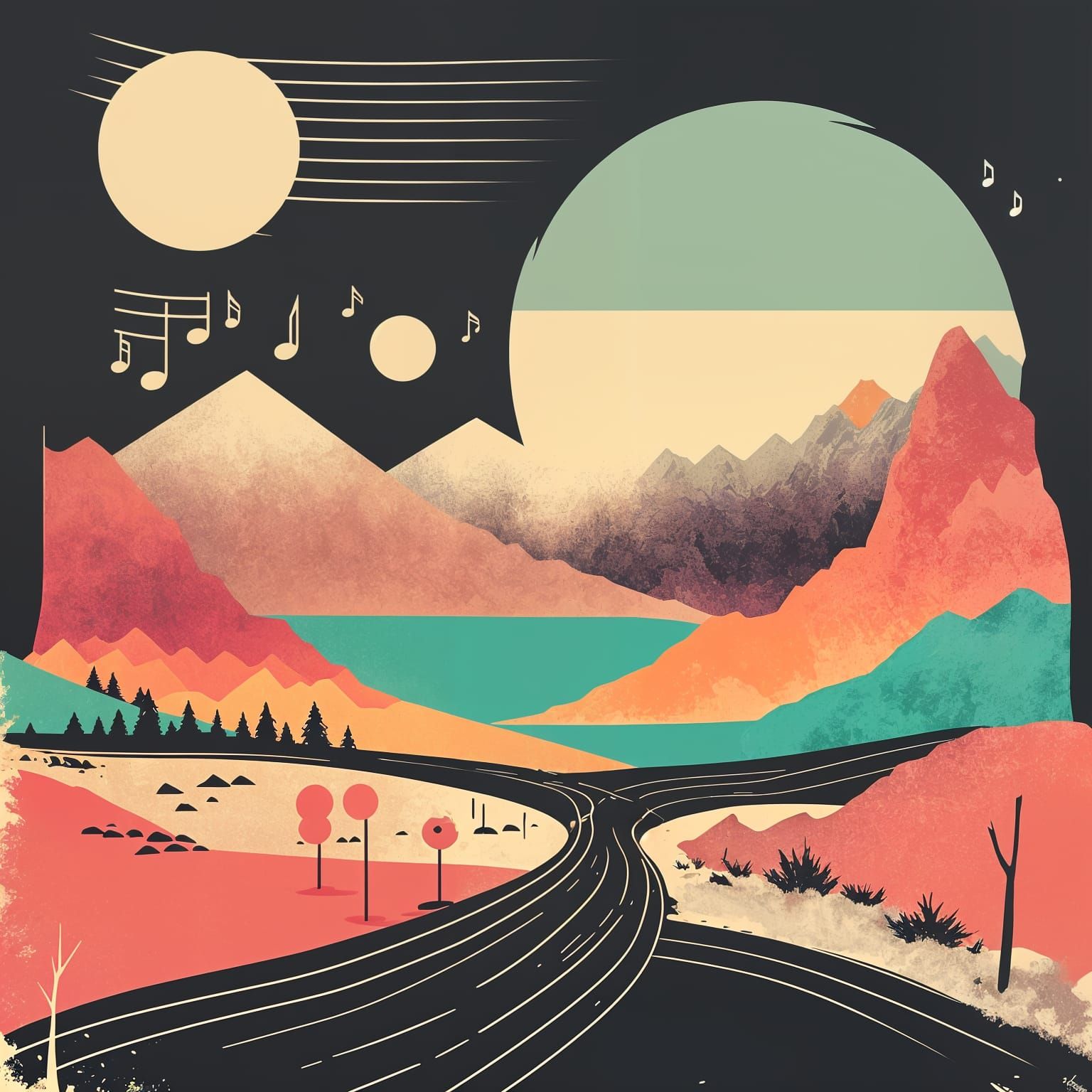 Minimalist Musical Landscape in Retro Punk Style