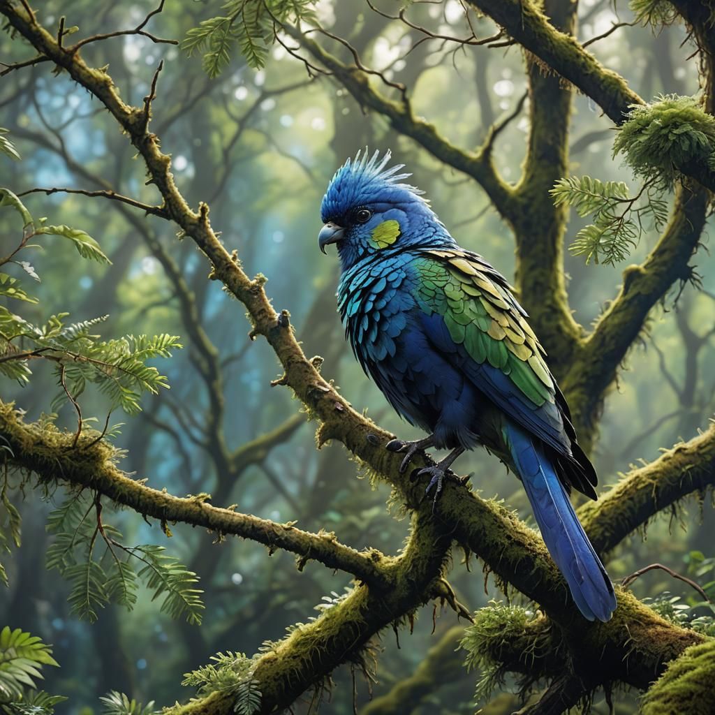 Iridescent Faroro Bird on Mossy Branch: Digital Art