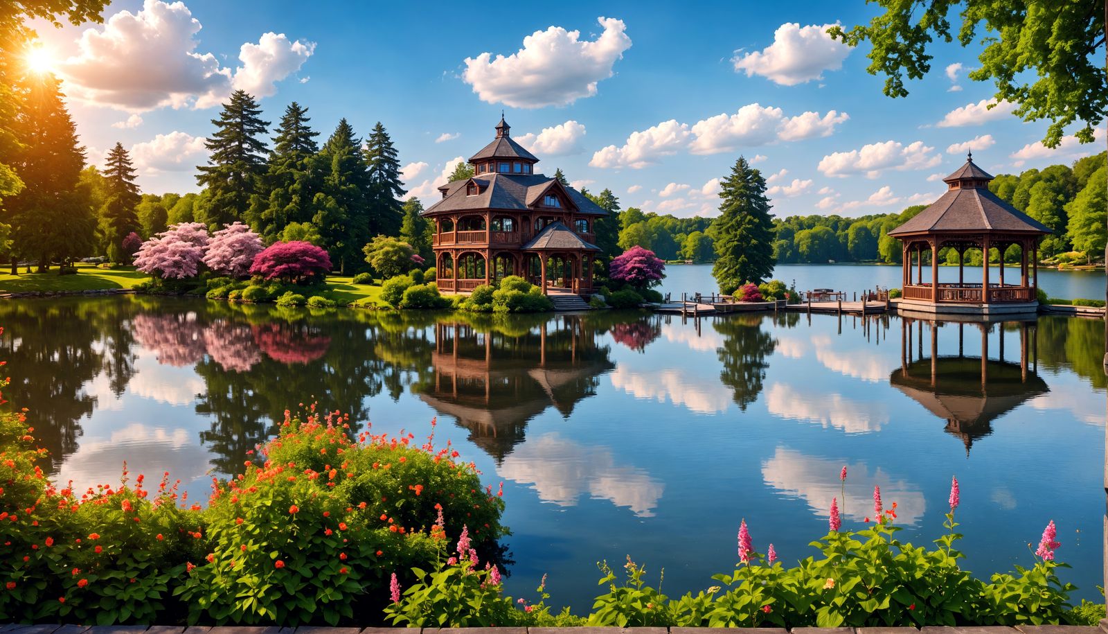 Hyperrealistic Lakeside Mansion with Gazebo in HDR