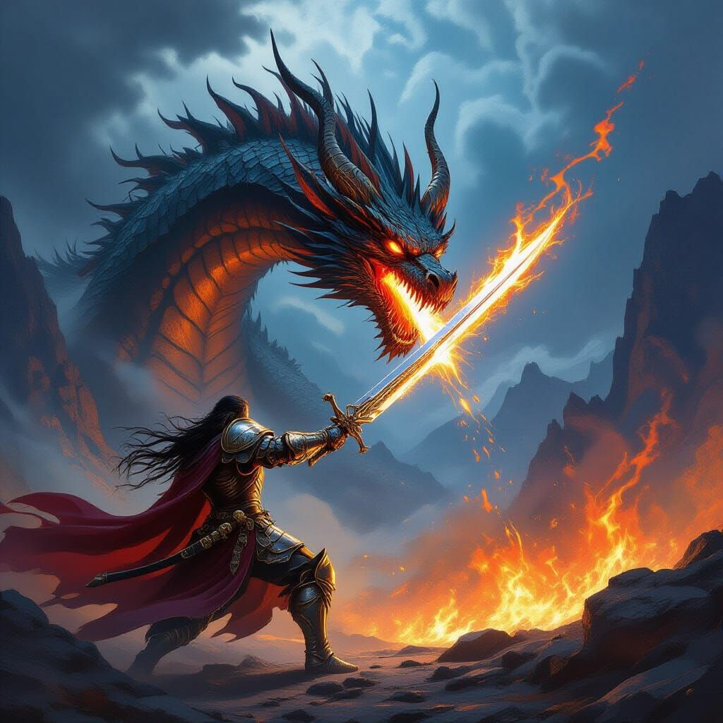 Epic Warrior Battles Fire Dragon in Stormy Mountains
