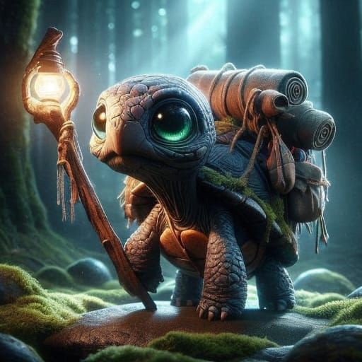 Fantasy Turtle Fey Wields Glowing Magic Staff in Whimsical F...