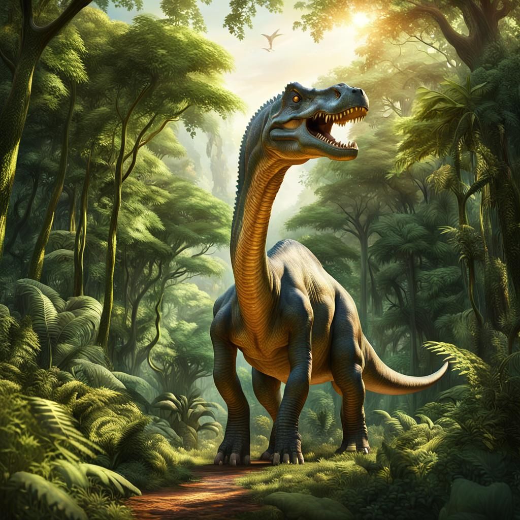 Sauropod Dinosaur in Lush Forest: Cinematic Digital Art