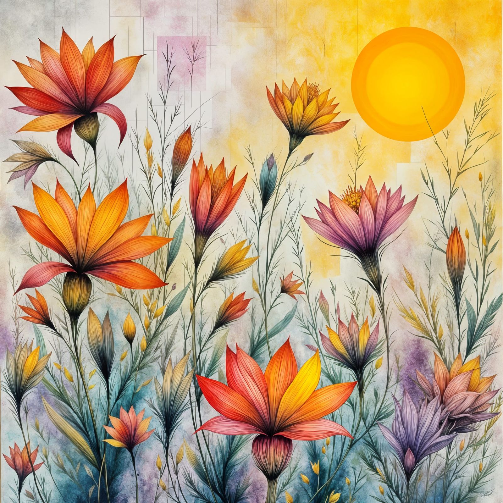 Geometric Pastel Background with India Ink Nature and Animal...