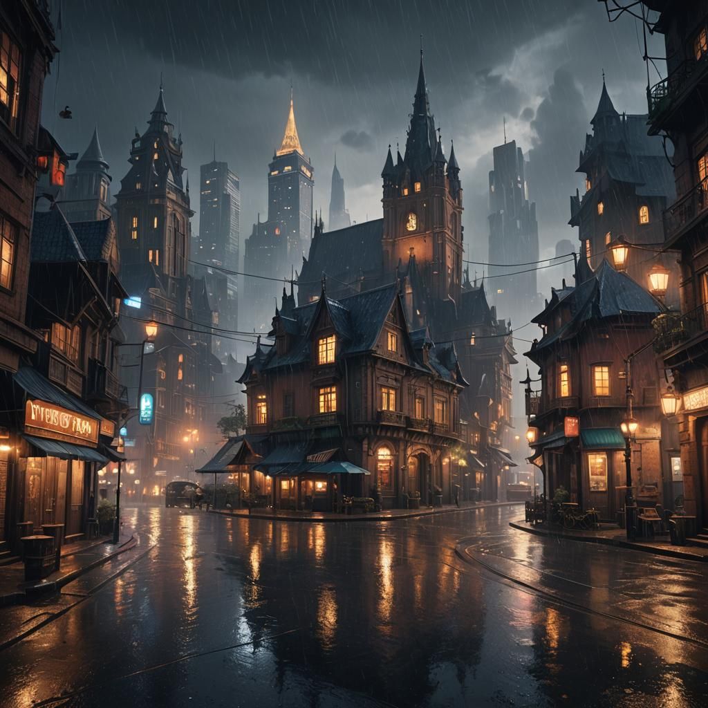 Night City After Rain: Detailed Matte Painting