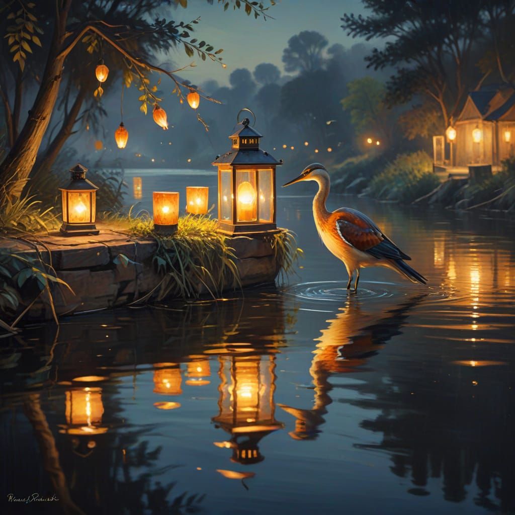 Dreamy Lanterns Reflect on River: Impressionist Painting