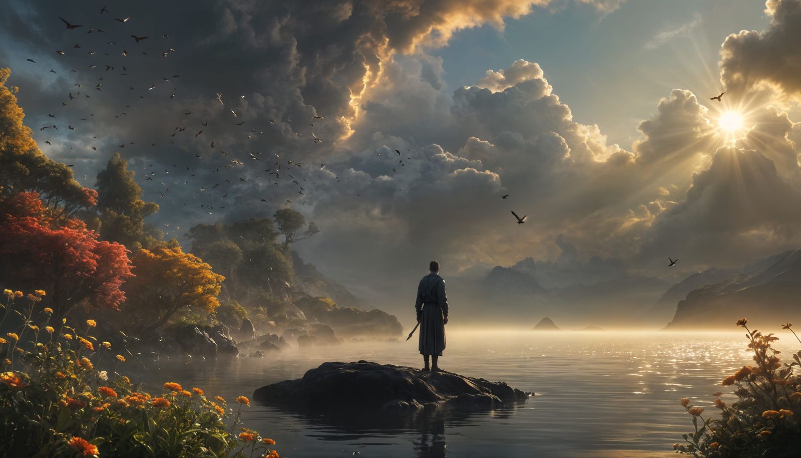 Heavenly Island View with God in Digital Painting