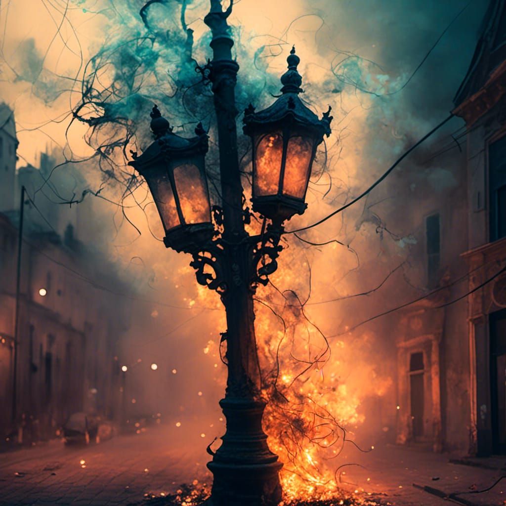 Streetlamp Ablaze: Alcohol Ink Style Photo