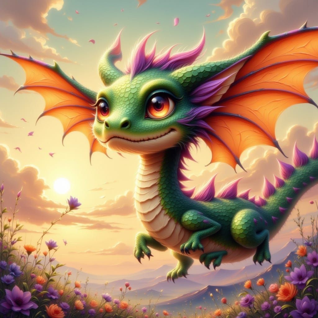 Fluffy Dragon Soars Through Sunset Sky
