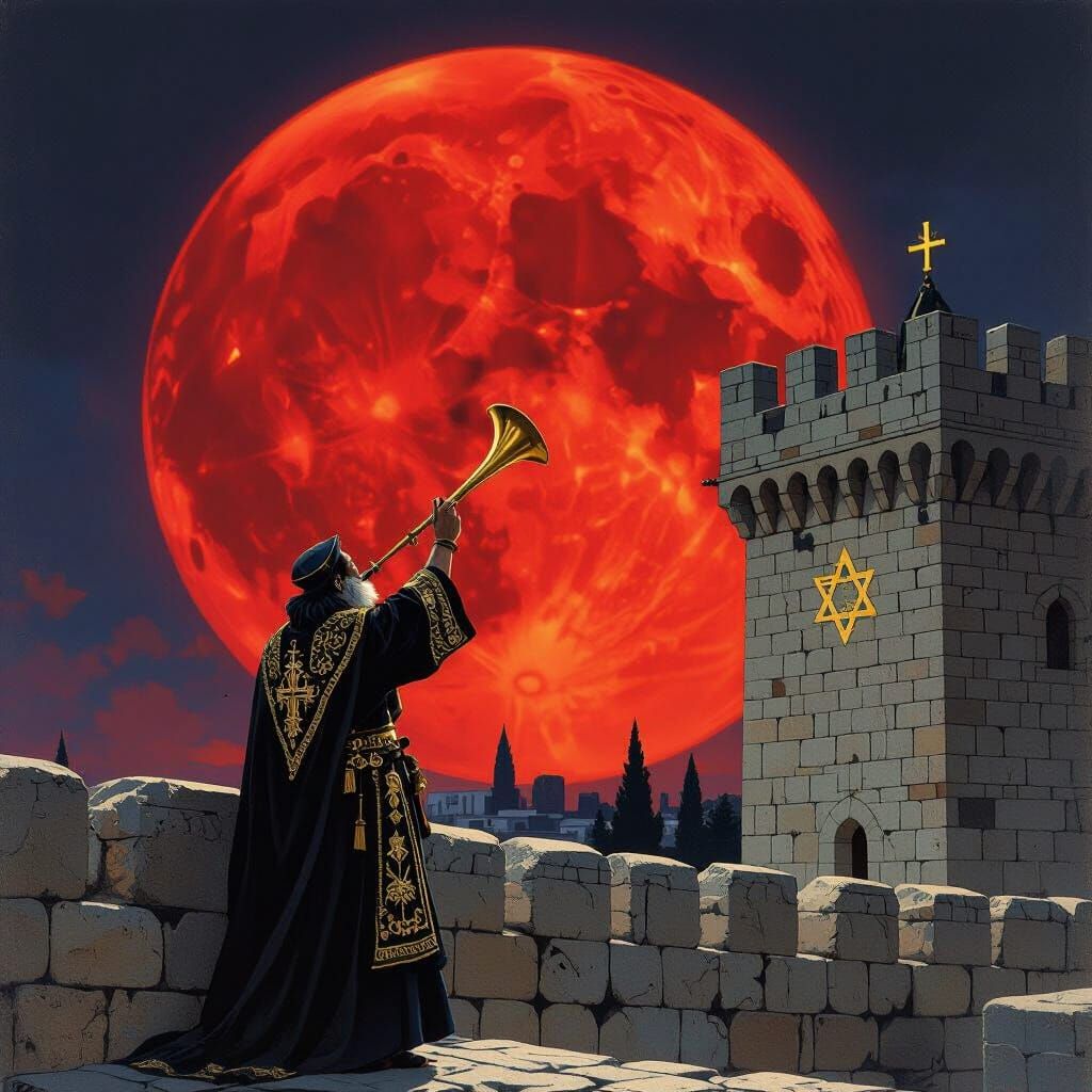 Jerusalem Watchman Blows Shofar Under Blood Moon