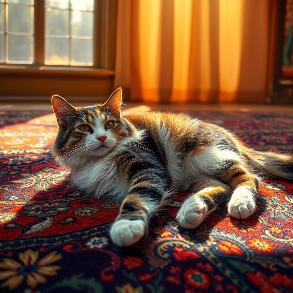Whimsical Calico Cat Basks in Vibrant Sunlight
