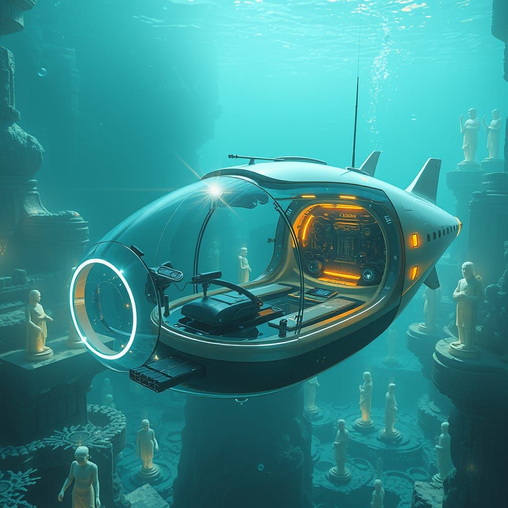 Futuristic Submarine Explores Sunken City in Frutiger Aero S...