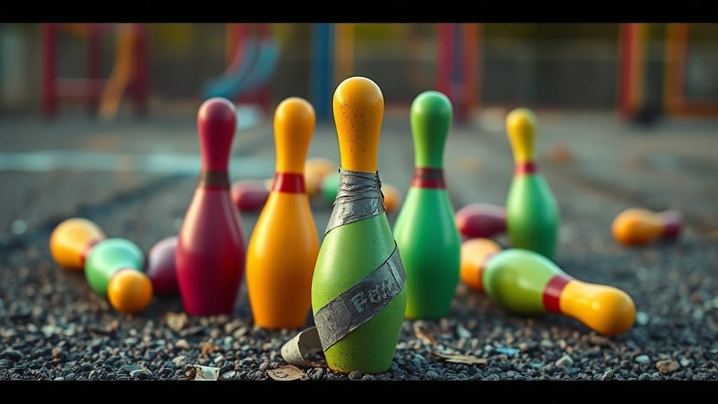 Bowling Pins on Playground: Hyper-Realistic Cinematic Photo