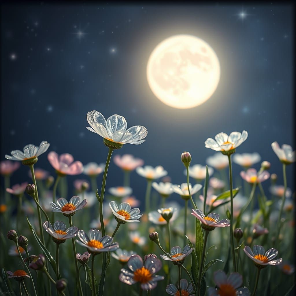 Glass Flower Field Under Shooting Stars