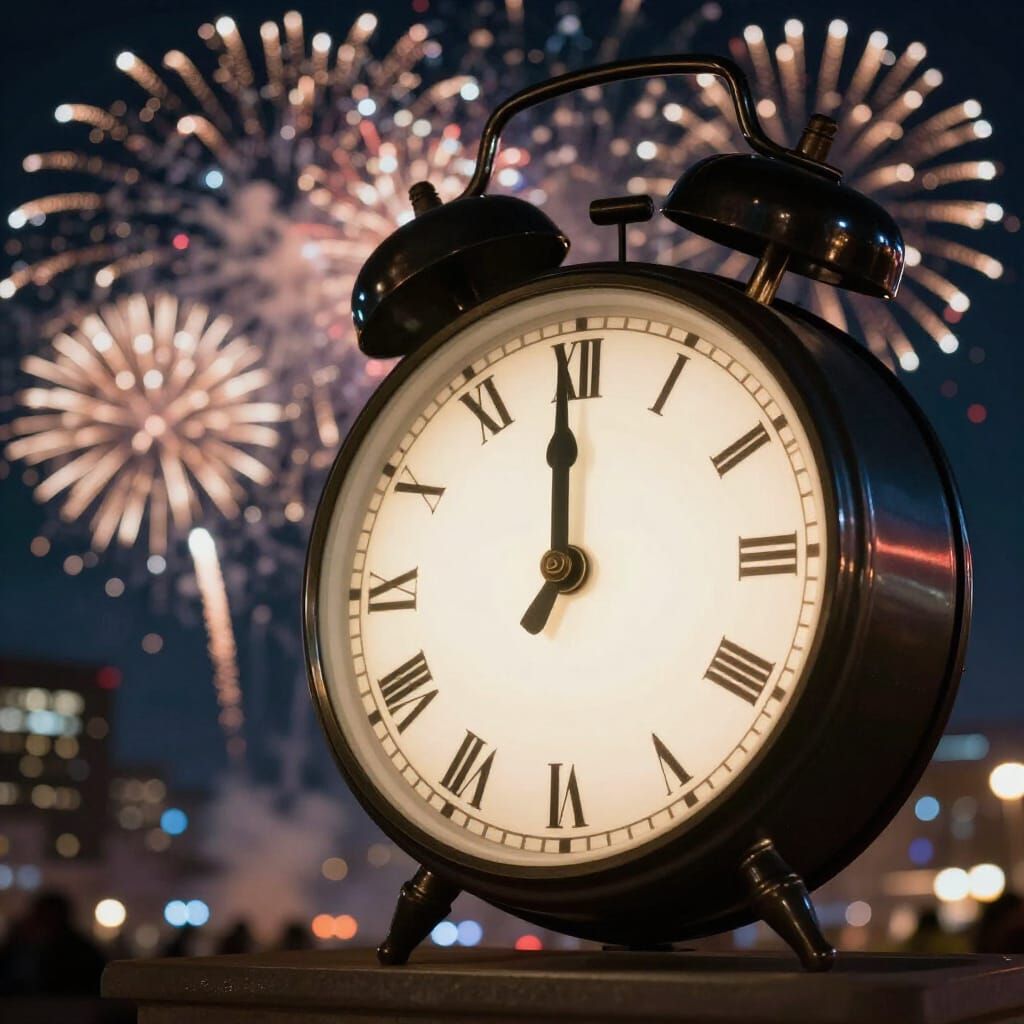 New Year's Eve Countdown with Midnight Clock and Fireworks