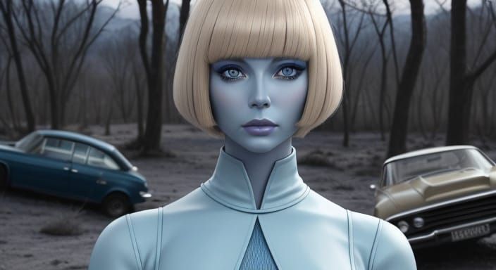 Blue-Skinned Woman in Retrofuturistic Sci-Fi Scene