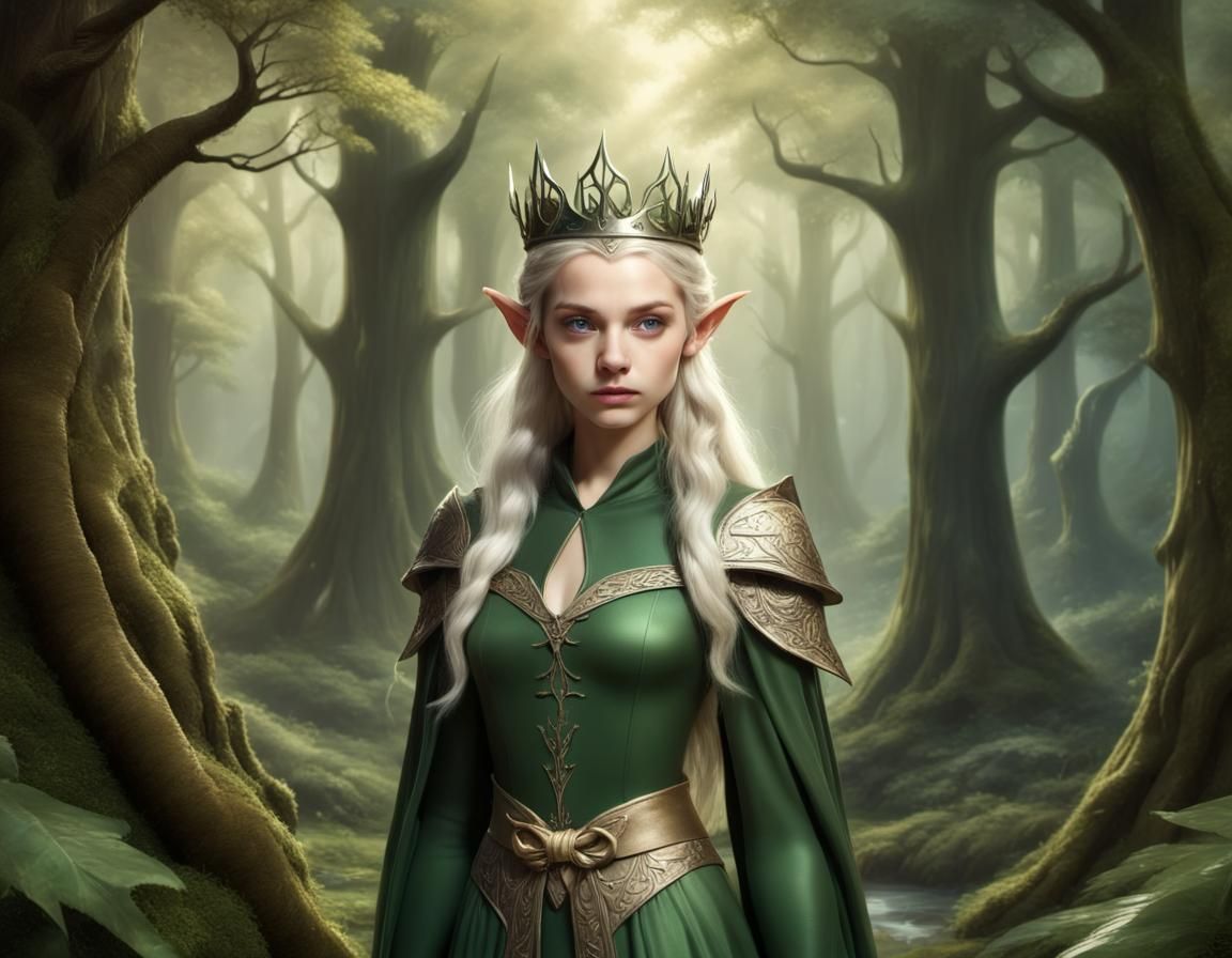 Fantasy Elf with Bow in Enchanted Forest